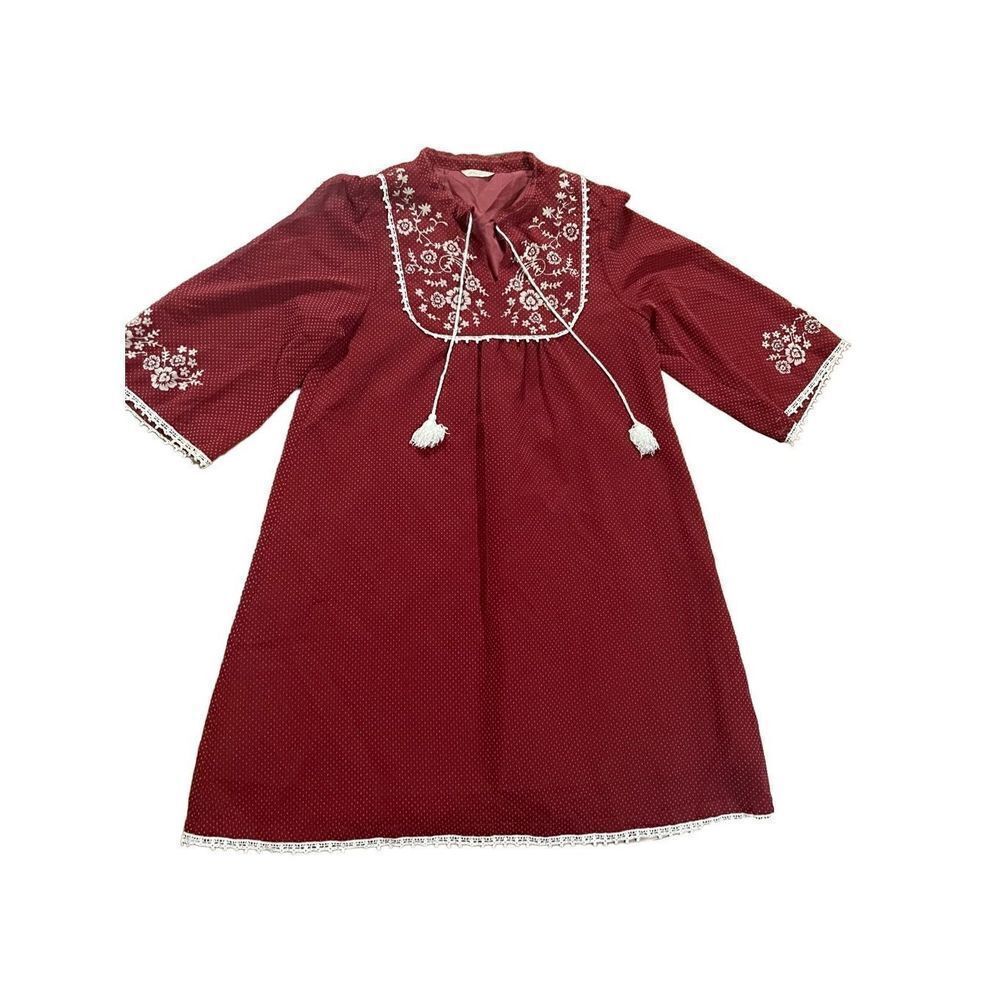 On the Couch‎ Wine red micro polka dot boho embroidered dress sz M boho